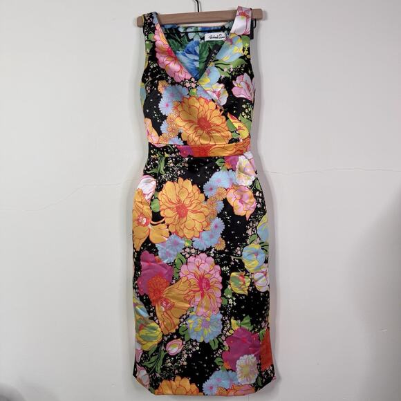 Richard Quinn Floral Print Midi Dress UK 8 US 4 AW18 Black Multicolor Satin NWT - Picture 5 of 13